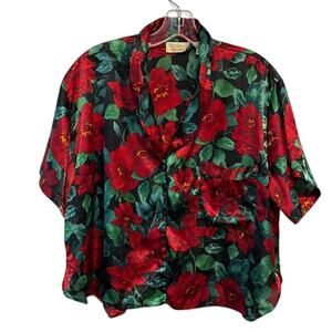 Vintage Victoria Secret Gold Label Black Red Floral Short Sleeve Pajama Top Med.